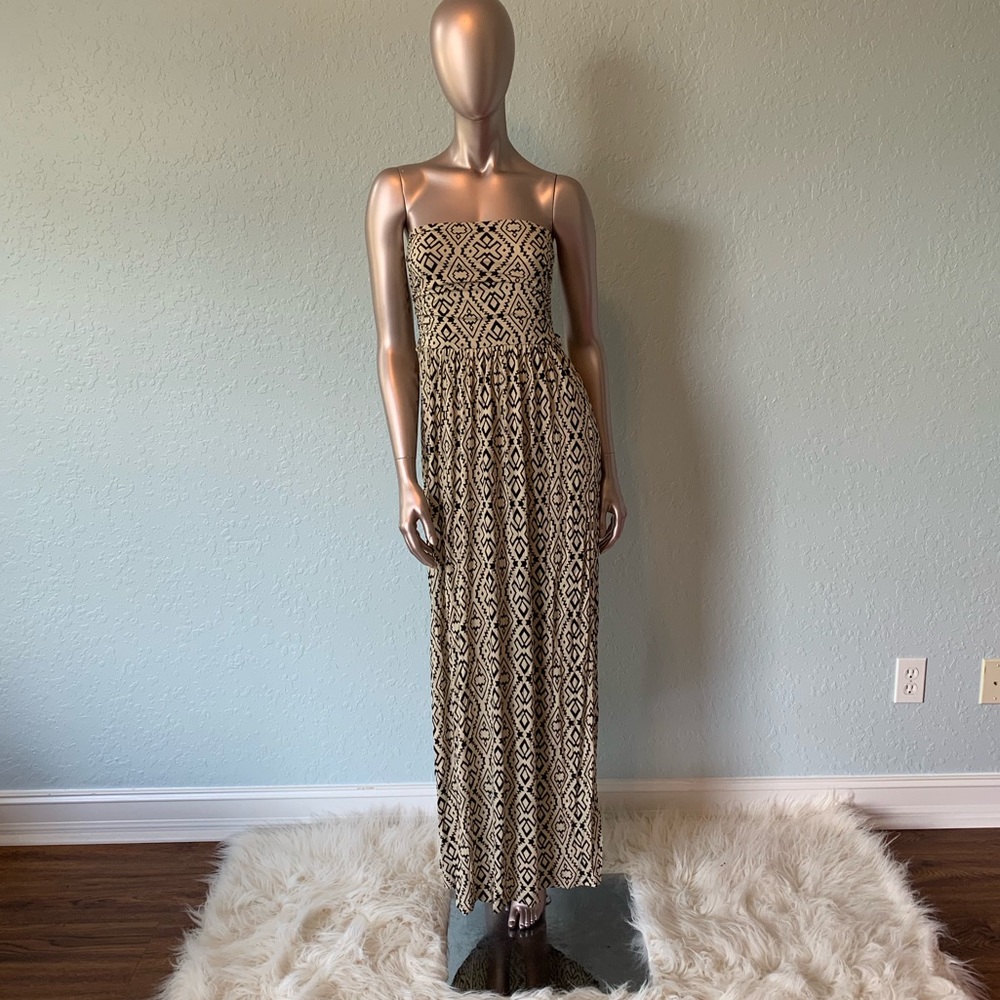 Strapless Aztec print cream and black dress